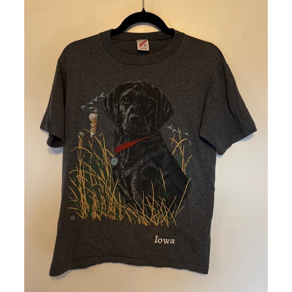 Vintage 1990s Jerzees Single Stitch Shirt – Gray Iowa Black Dog Graphic – Medium